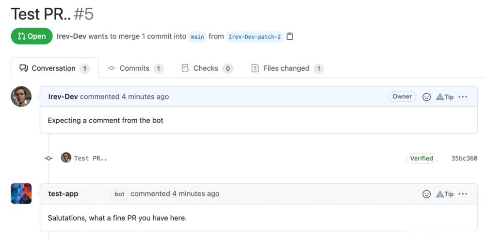 Screen shot of a github app's comment