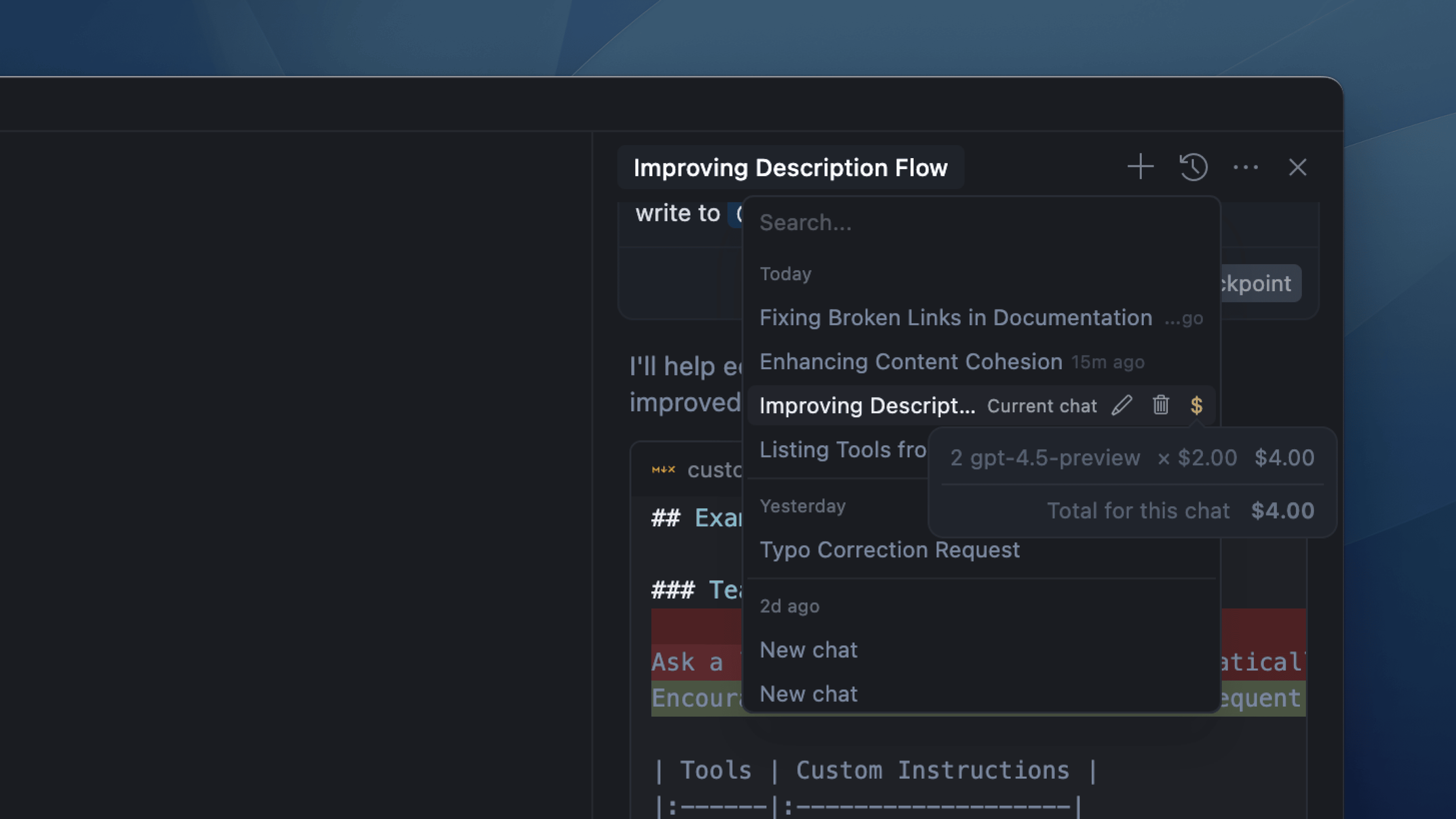 A screenshot of the Cursor editor interface showing the chat title "Improving Description Flow" with a dropdown displaying recent chat history. The dropdown includes entries like "Fixing Broken Links in Documentation," "Enhancing Content Cohesion," and others. The currently selected chat shows a cost breakdown tooltip indicating it used "2 gpt-4.5-preview" requests at $2.00 each, totaling $4.00. Icons for editing, duplicating, and viewing cost are visible next to the chat title. The interface uses a dark theme.