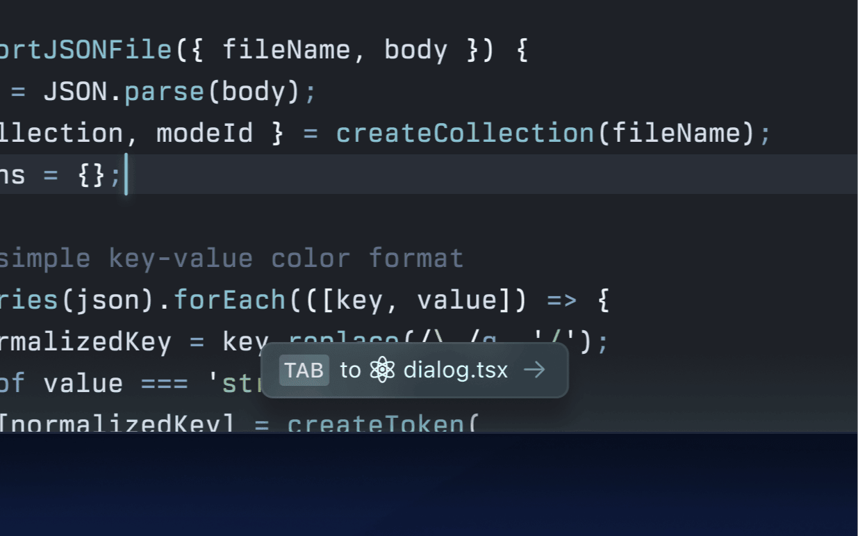 A close-up screenshot of a code editor window showing JavaScript or TypeScript code. The code includes an importJSONFile function and logic involving createCollection, JSON parsing, and key-value handling. A floating tooltip at the bottom shows a suggestion to press the "Tab" key to jump to the file dialog.tsx, indicated with a React icon. The interface uses a dark theme.
