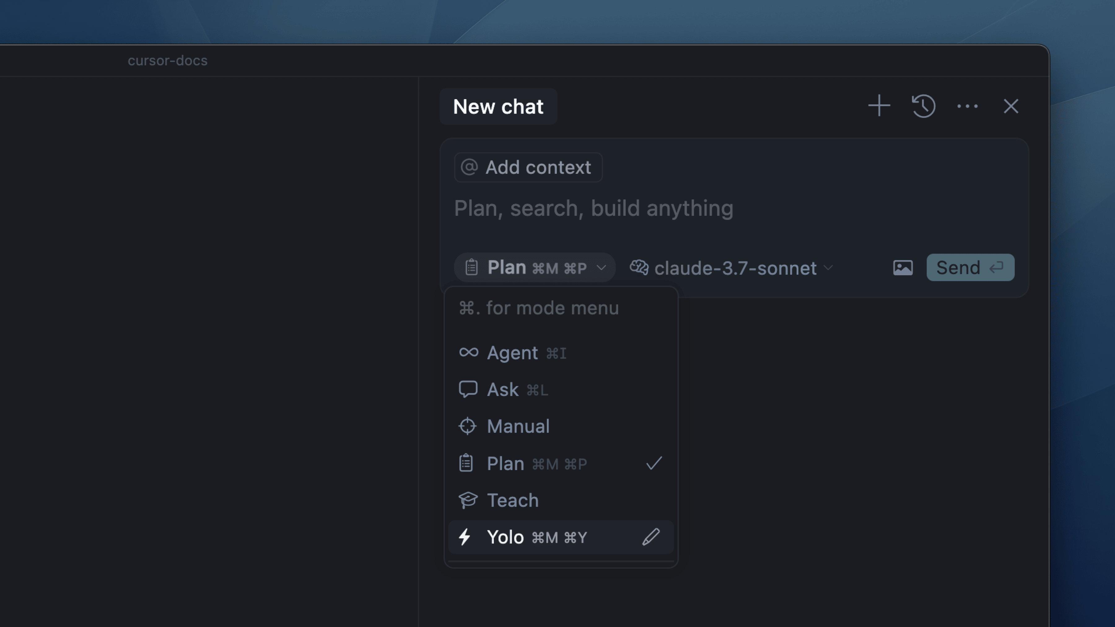 A screenshot of the Cursor editor interface showing a dropdown menu under the "Plan" mode selection. The menu includes several AI assistant modes: Agent, Ask, Manual, Plan (currently selected), Teach, and Yolo. Each mode has a corresponding keyboard shortcut. The interface is dark-themed, and the selected model is "claude-3.7-sonnet."