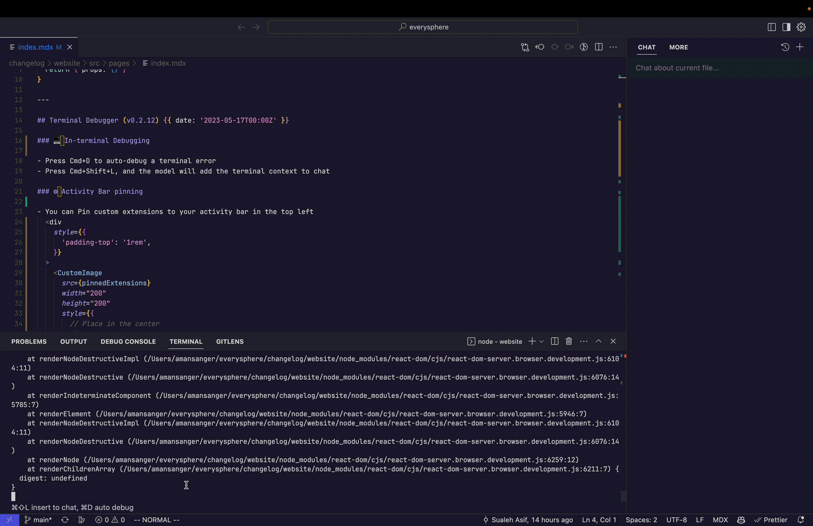A screenshot of the Cursor code editor shows an .mdx file (index.mdx) open with markdown and JSX content. The file includes changelog updates for the "Terminal Debugger (v0.2.12)" and "Activity Bar pinning" features. JSX code displays a <CustomImage> component with inline styles. Below the code editor, a terminal panel is open with multiple error traces from react-dom files, indicating rendering issues in the project. The file is in "NORMAL" mode, suggesting the use of a Vim extension. The right panel contains a collapsed chat section labeled "Chat about current file…"."