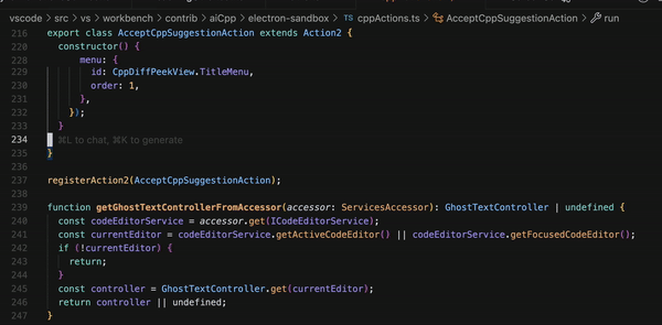 A screenshot of Visual Studio Code displays a TypeScript file named "cppActions.ts", located in the "vscode > src > vs > workbench > contrib > aiCpp > electron-sandbox" directory. The code defines a class "AcceptCppSuggestionAction" that extends "Action2", with a constructor setting a menu configuration. Below the class, the "registerAction2" function is called to register "AcceptCppSuggestionAction". A helper function "getGhostTextControllerFromAccessor" is defined, which retrieves a controller using an editor service. Syntax highlighting is active, and the editor is in a dark theme. A greyed-out message saying "⌘L to chat, ⌘K to generate" appears between lines of code.
