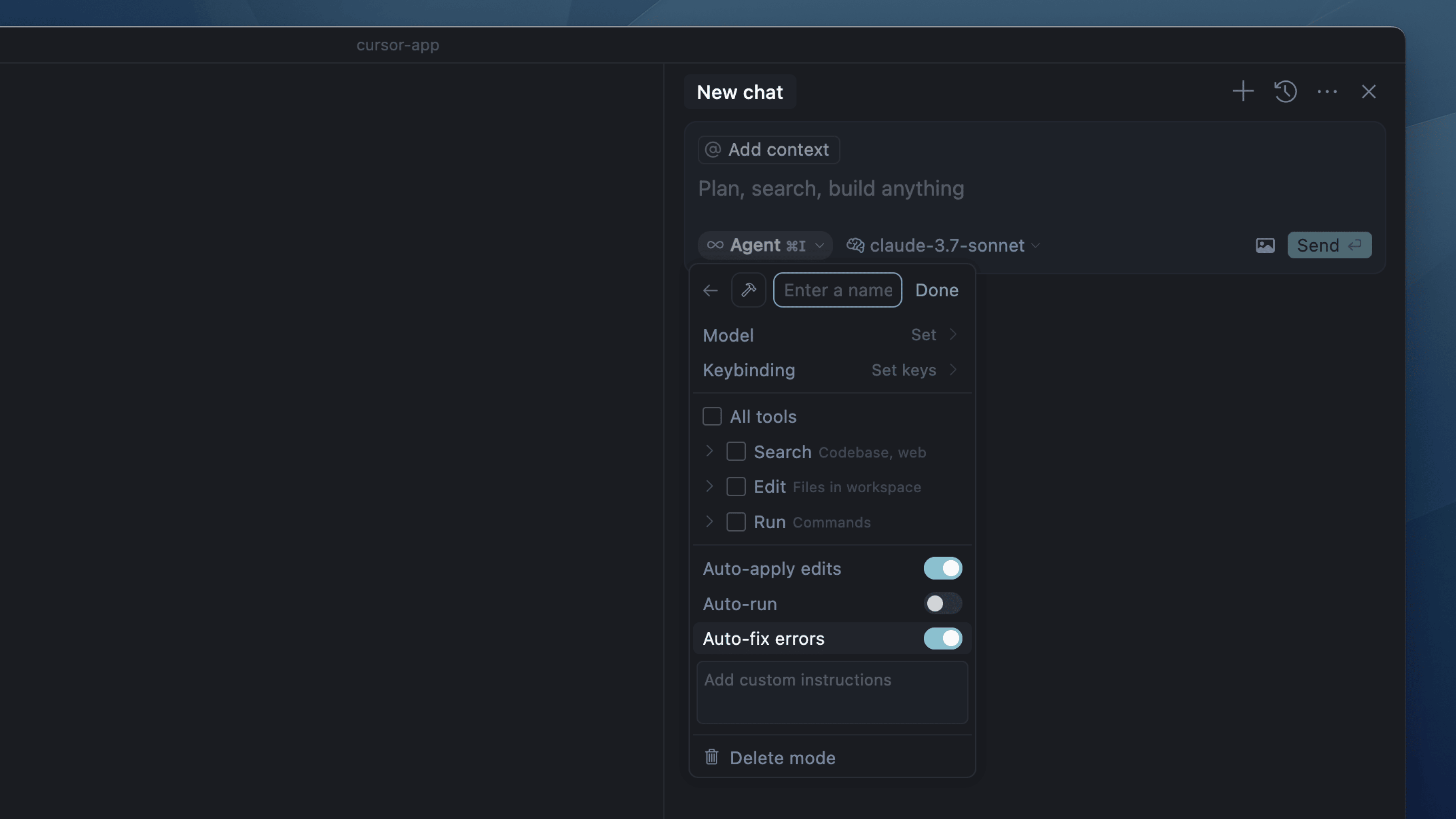 A screenshot of the Cursor editor interface showing the settings for a custom AI assistant mode named "Agent." The settings panel includes options to name the mode, set the model (currently "claude-3.7-sonnet"), configure keybindings, and enable tools such as Search, Edit, and Run. Toggles for "Auto-apply edits" and "Auto-fix errors" are enabled, while "Auto-run" is disabled. There is also a field for adding custom instructions and a button labeled "Delete mode" at the bottom. The interface has a dark theme.