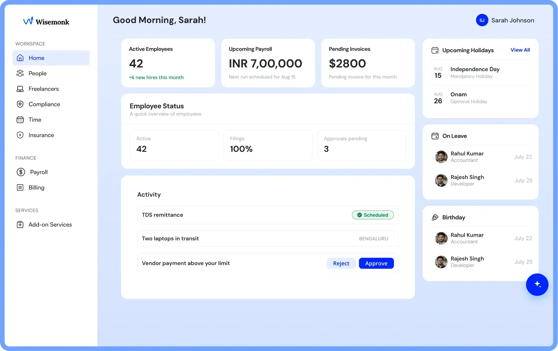 The Wisemonk platform showing headcount, payroll status, filings, and the approvals waiting on you