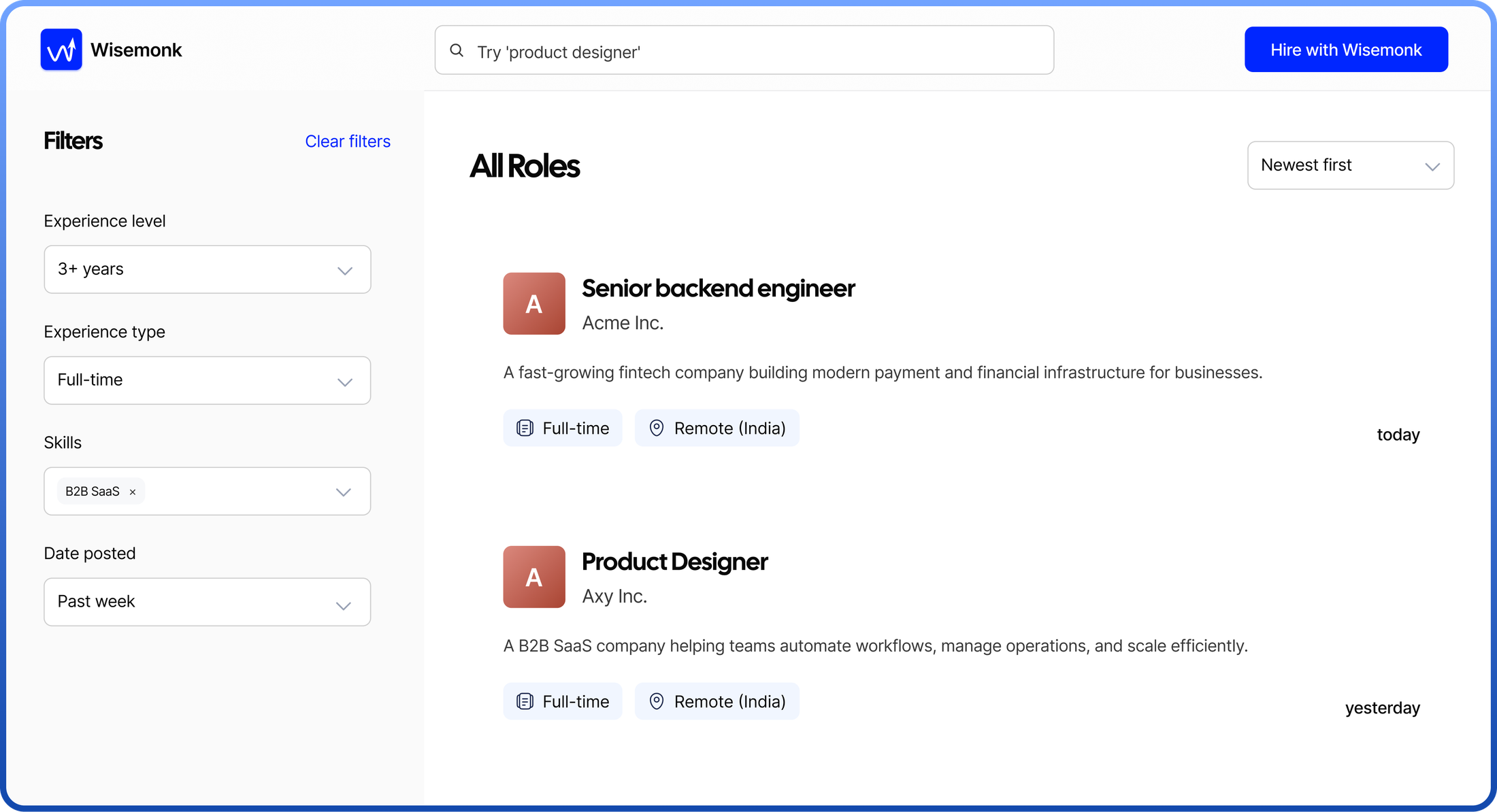 The Wisemonk job board showing filters for experience, skills and date posted alongside a list of open roles.