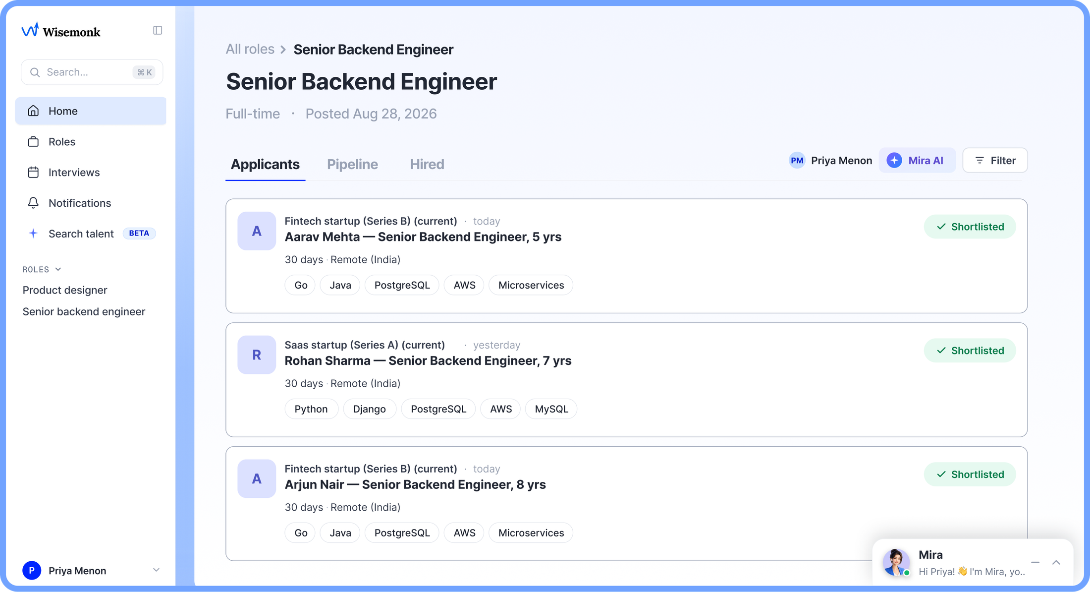 The TalentScout workspace showing applicants for a Senior Backend Engineer role, with shortlisting, pipeline and hired tabs.