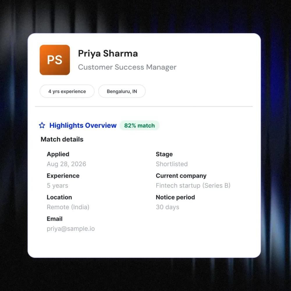 Mira AI's highlights overview for an applicant, showing a match score alongside applied date, stage, experience, current company, location and notice period.