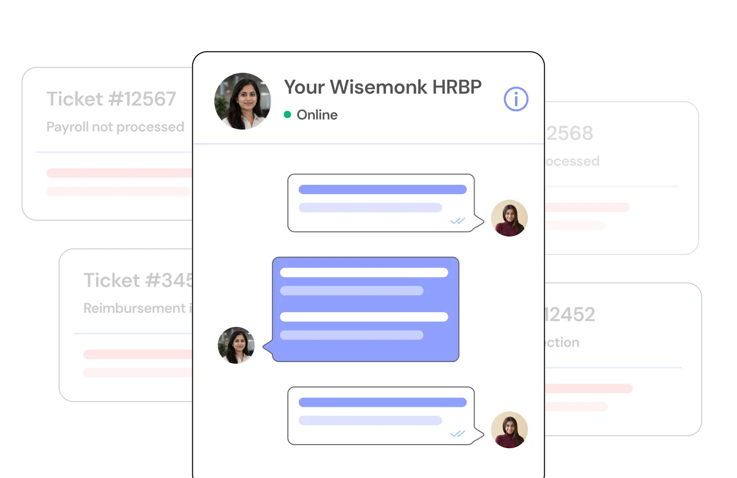 El chat de un HRBP de Wisemonk con nombre y apellidos junto a una cola de tickets sin resolver