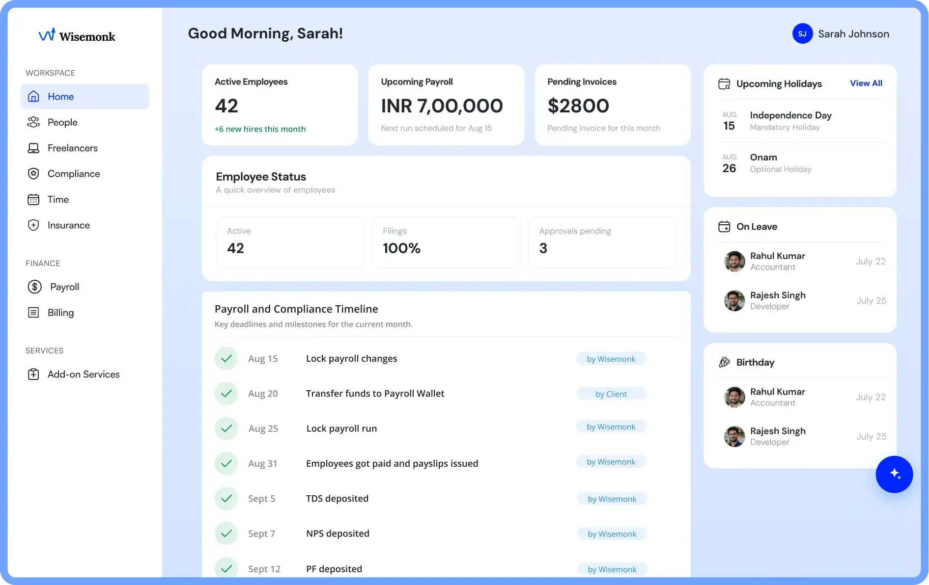 The Wisemonk dashboard showing active employees, upcoming payroll and pending invoices, alongside a payroll and compliance timeline marking which deadlines are handled by Wisemonk and which by the client.