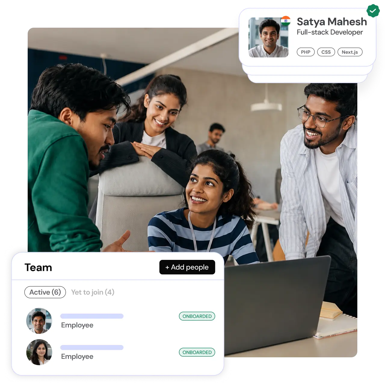 An India team collaborating in an office, overlaid with Wisemonk's team roster and employee profile cards
