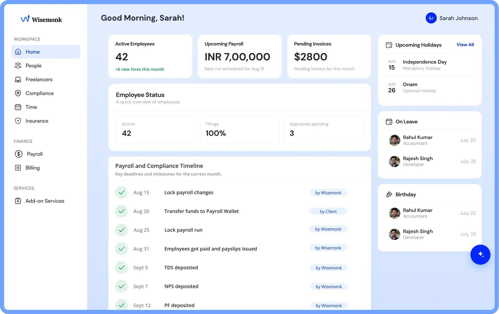Plateforme Wisemonk affichant la paie, la conformité et les dossiers du personnel d’une équipe en Inde