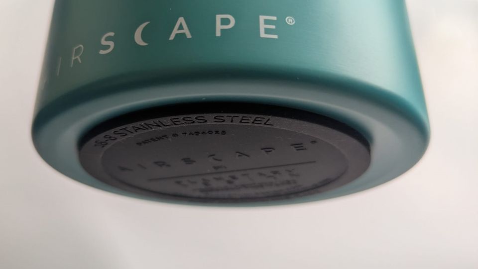 Detail of the black non-slip base underneath our turquoise Airscape coffee canister.
