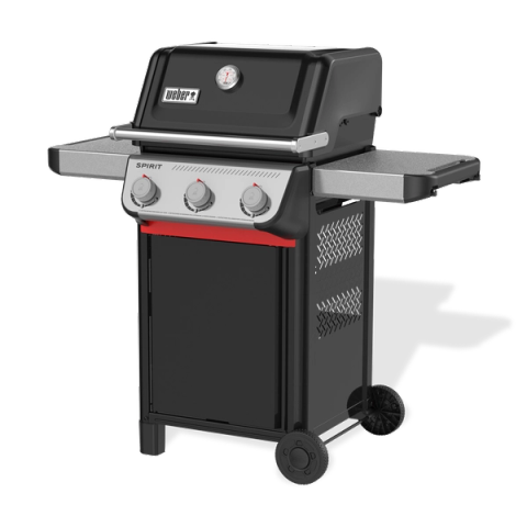 Weber Spirit E-310 gas grill: three-burner gas barbecue with cast iron grates on white background