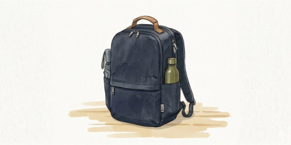 Illustration of a dark blue work backpack with a leather handle and a bottle in the side pocket
