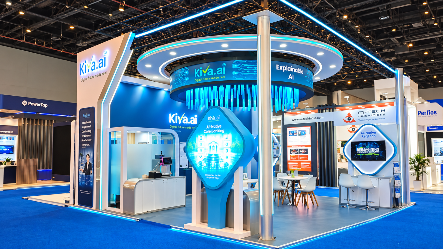 Kiya.ai exhibition stand with lit circular canopy, core banking display and blue carpet at GFF 2026