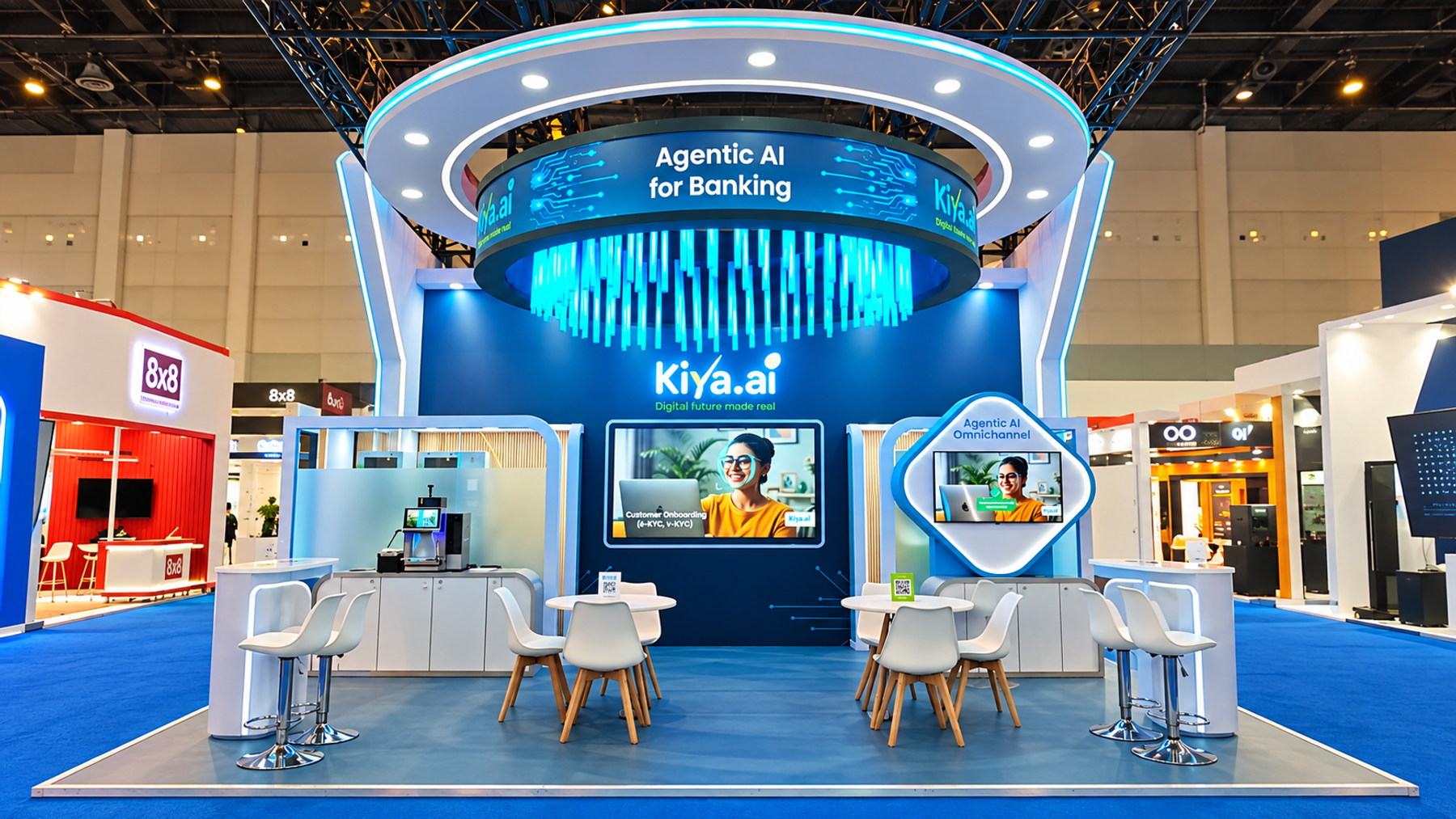 Kiya.ai GFF 2026 booth with circular LED ring reading Agentic AI for Banking, white bar seating below
