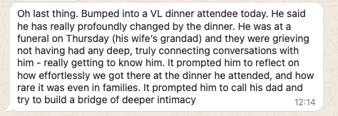 A Whatsapp message describing customer feedback from a dinner attendee