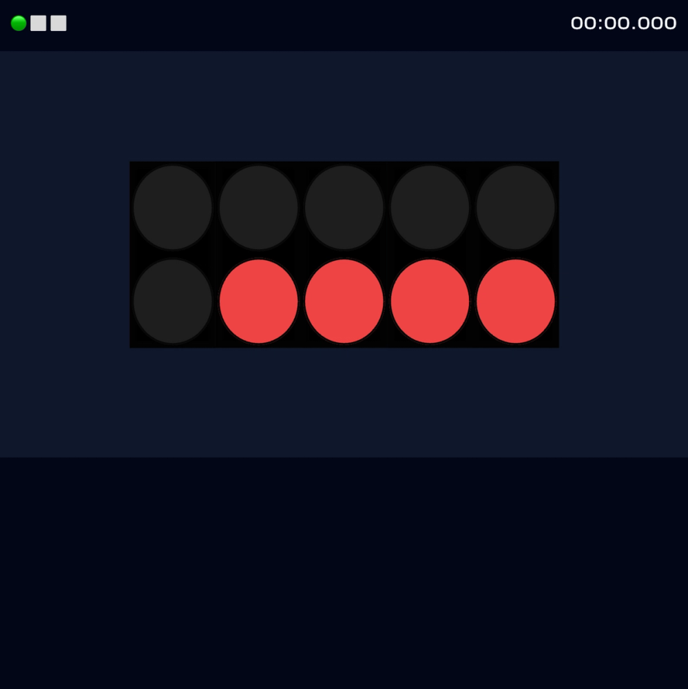Gameplay screenshot as count down lights. 2 rows of lights, on the bottom row, 4 out of 5 of the lights are lit red.