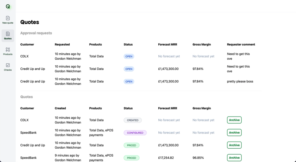 App screenshot shows a dashboard listing quotes for new business requiring approval from a sales manager