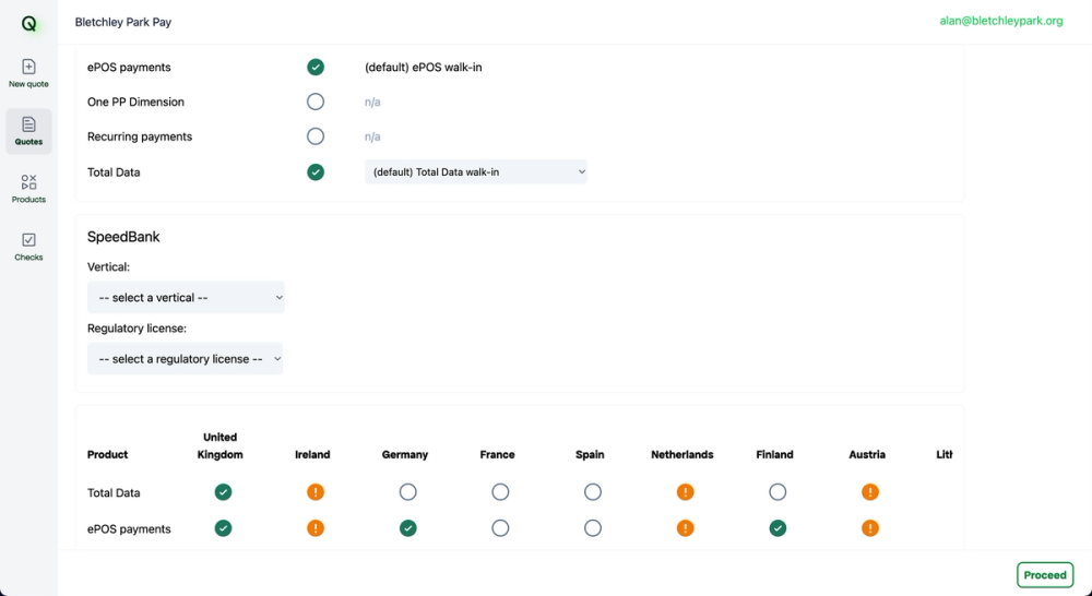 App screenshot: a configuration UI to select products and countries to sell them in