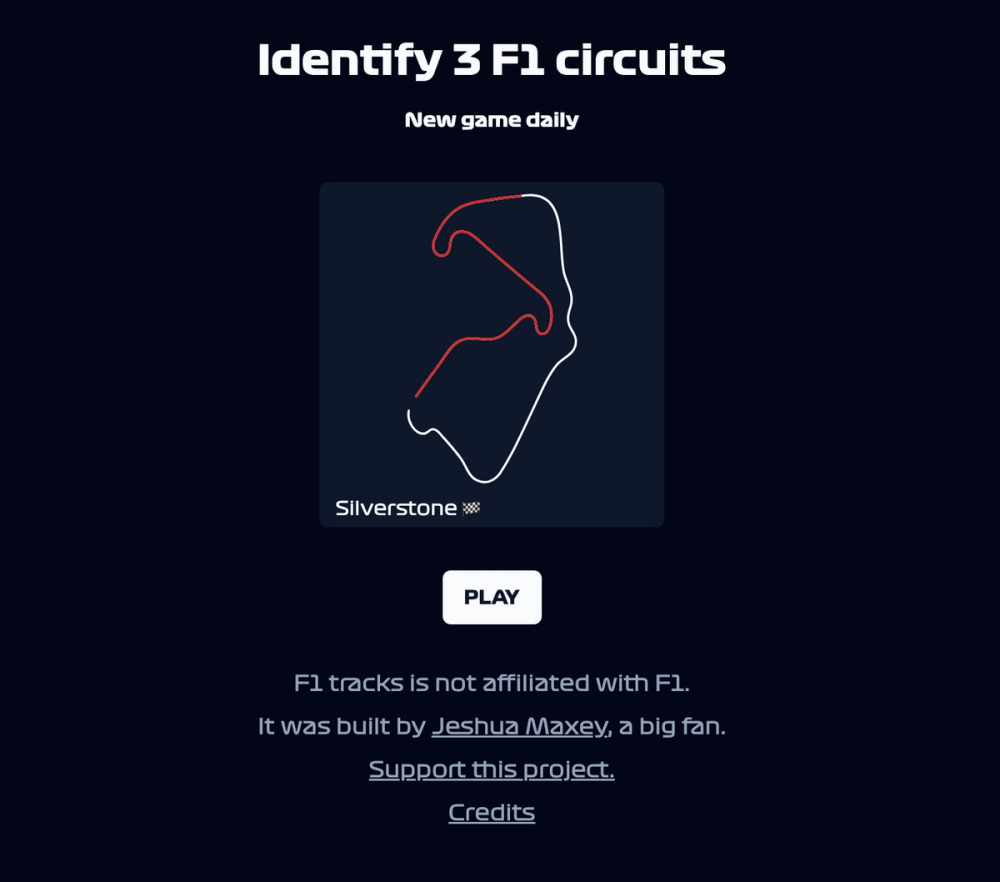 Screenshot of the homepage of F1 tracks. It shows an image of the game play and a "play" button. Some text describes the game to site visitors and there are links to support the project and credits.