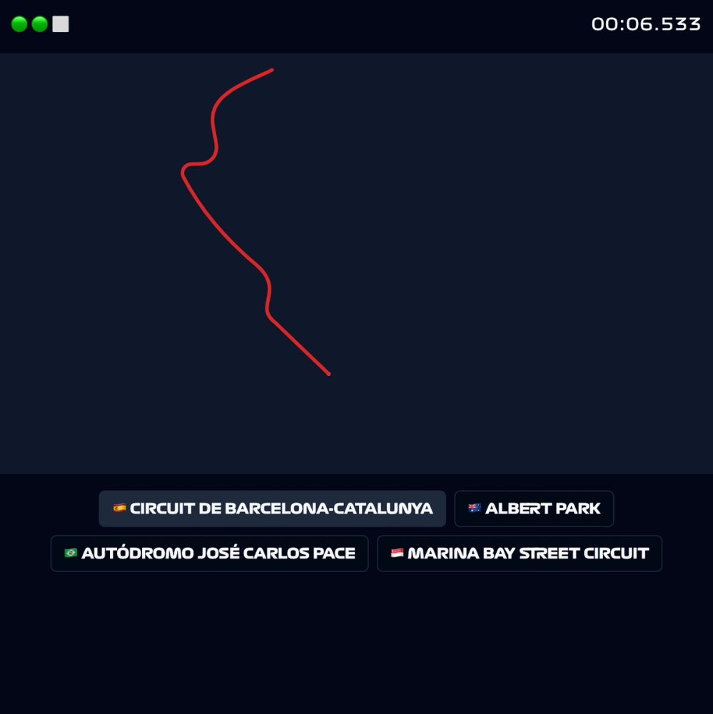 Gameplay screenshot of a partially drawn track. Four circuit names are presented as options for the user to guess which track