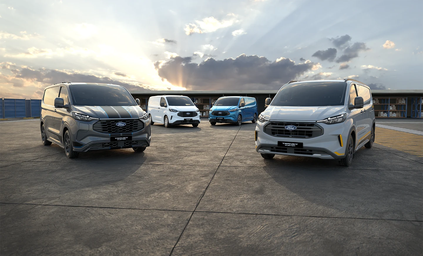 Current-generation Ford Transit Custom vans lined up at a depot