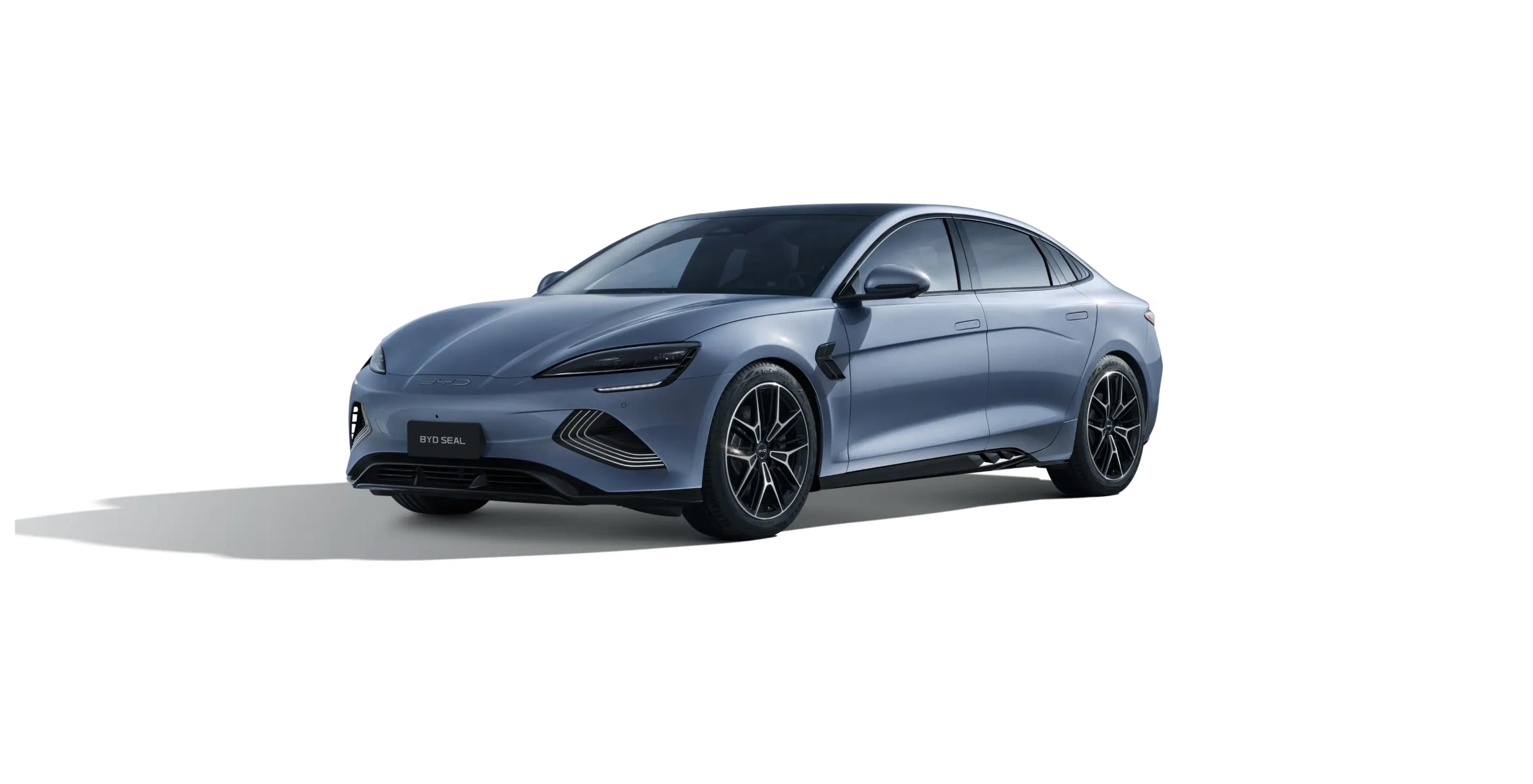 BYD Seal electric sedan in Atlantis Grey, front three-quarter studio view