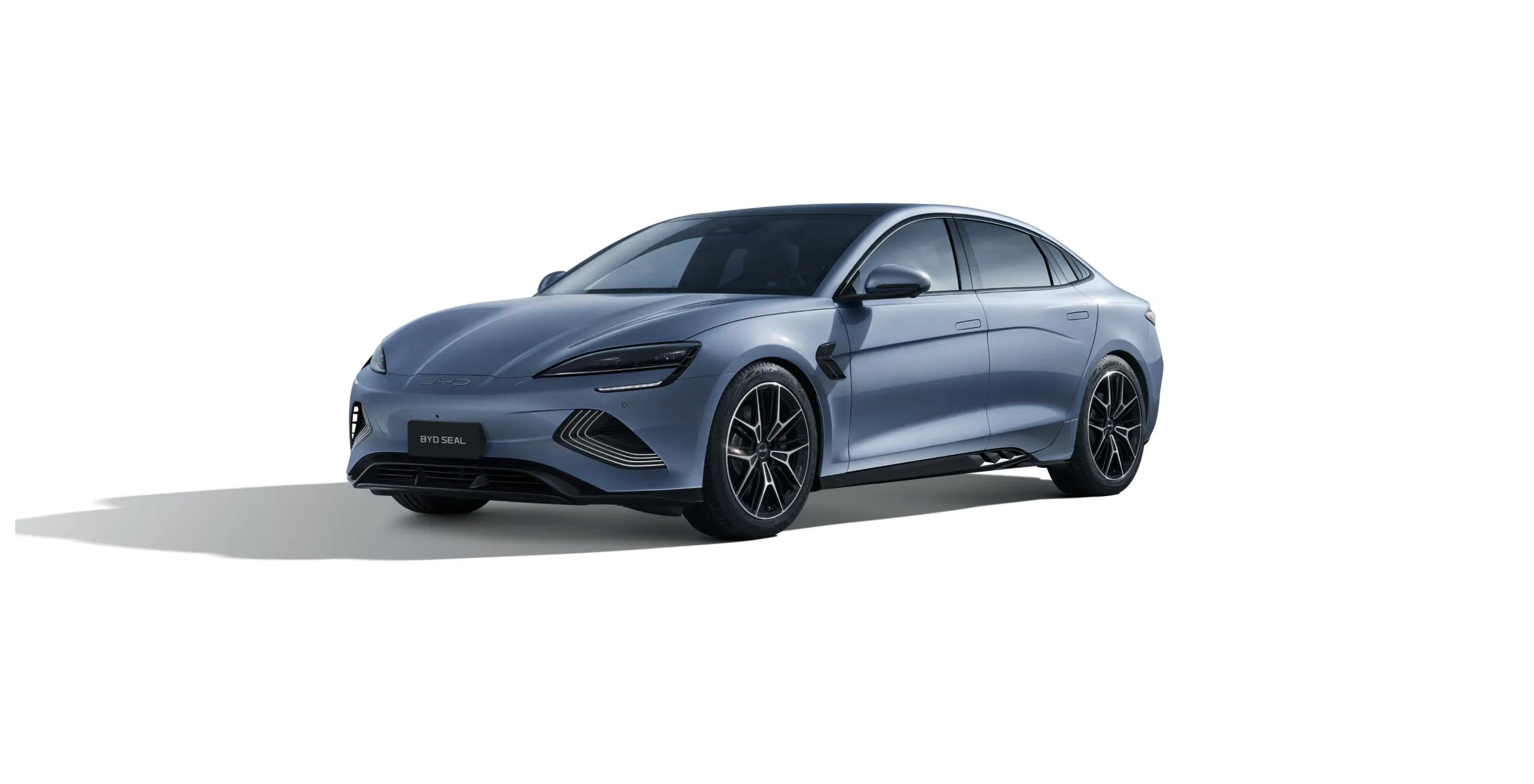 BYD Seal electric sedan in Atlantis Grey, front three-quarter studio view