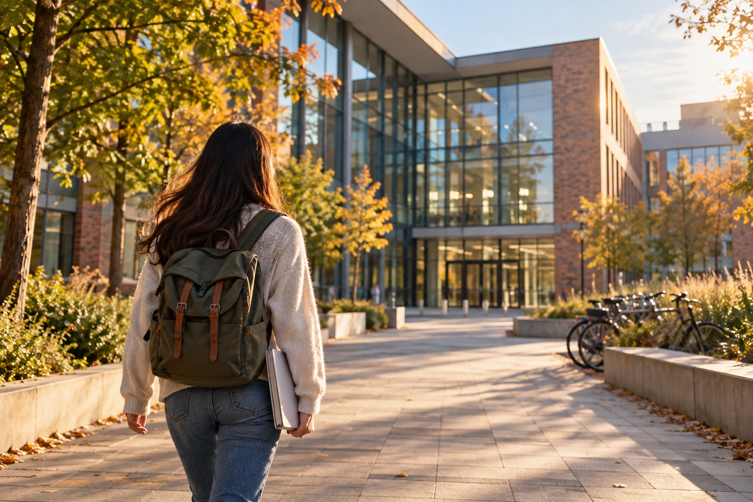 An international student walking toward a modern German university campus with a backpack and study folder