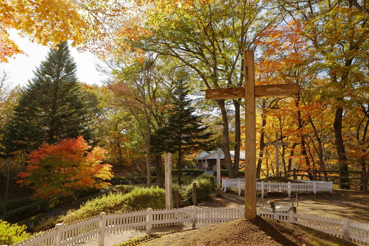 A prominent wooden cross on a small mound of earth, surrounded by a white picket fence, set against a backdrop of trees in vibrant autumn colors.