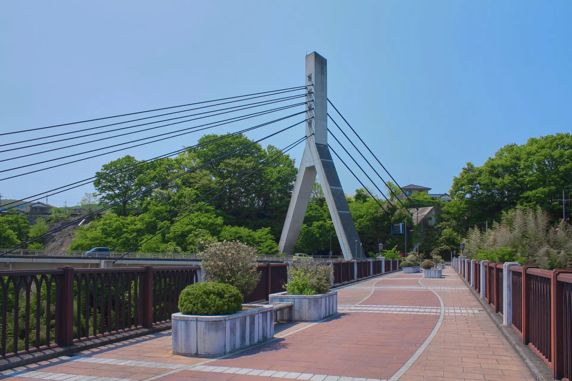 A pedestrian bridge with an A-frame cable-stayed pylon, lush green trees, and a clear blue sky.