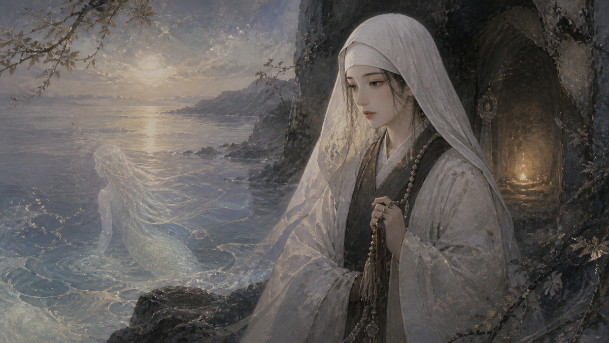 A veiled woman in white holds prayer beads, looking towards a spectral mermaid in the ocean at sunset.