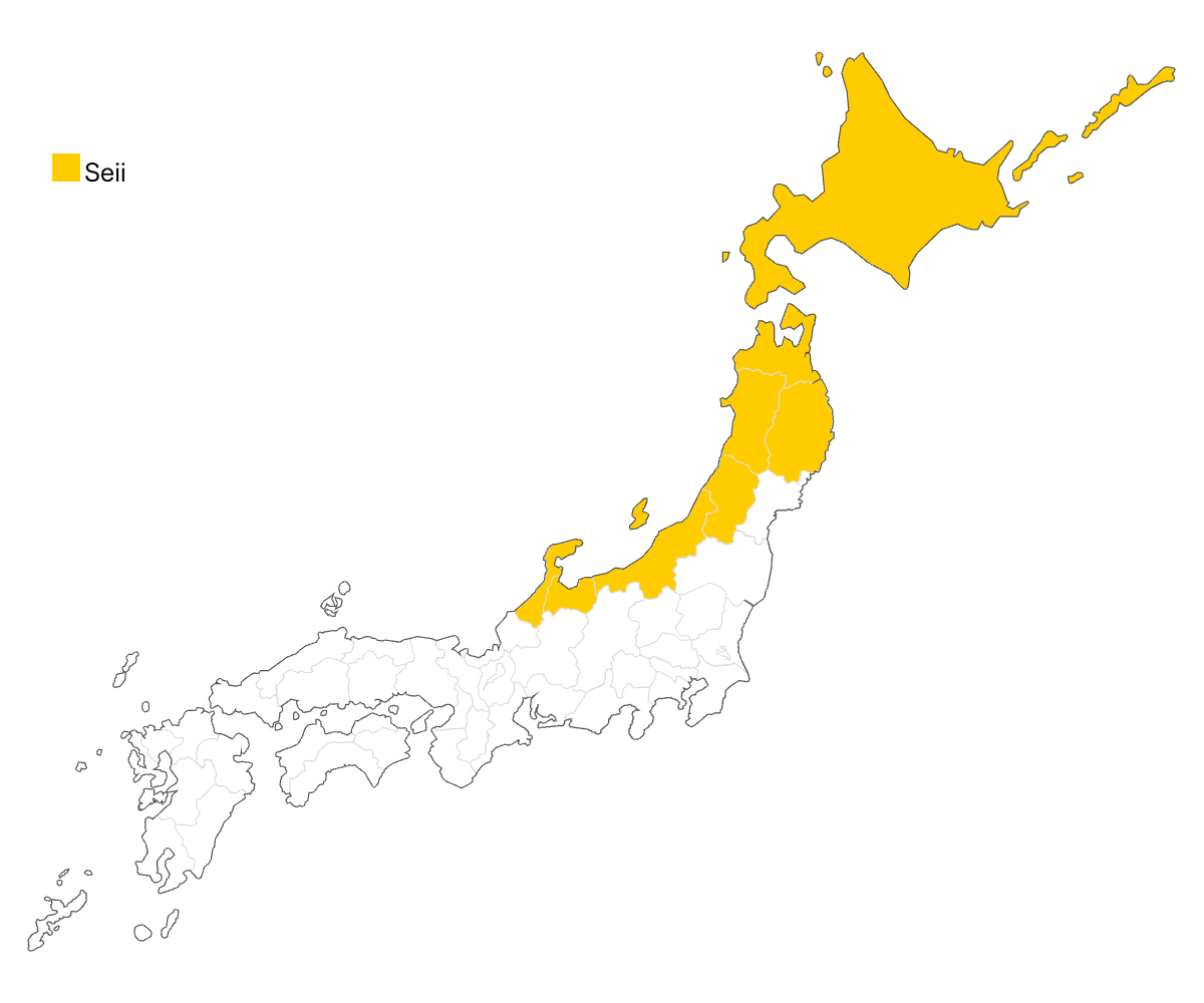 Map of Japan highlighting regions of Seii in yellow.