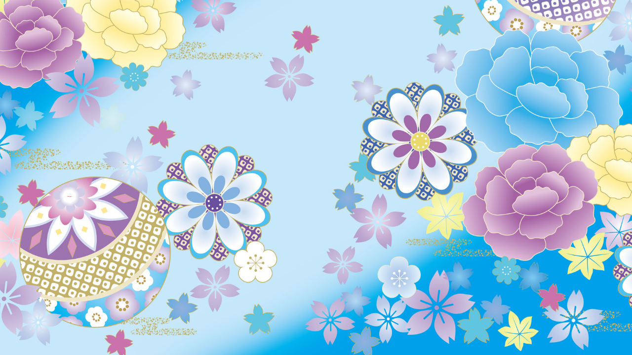 Pastel stylized Japanese flowers and traditional patterns on a blue gradient background.