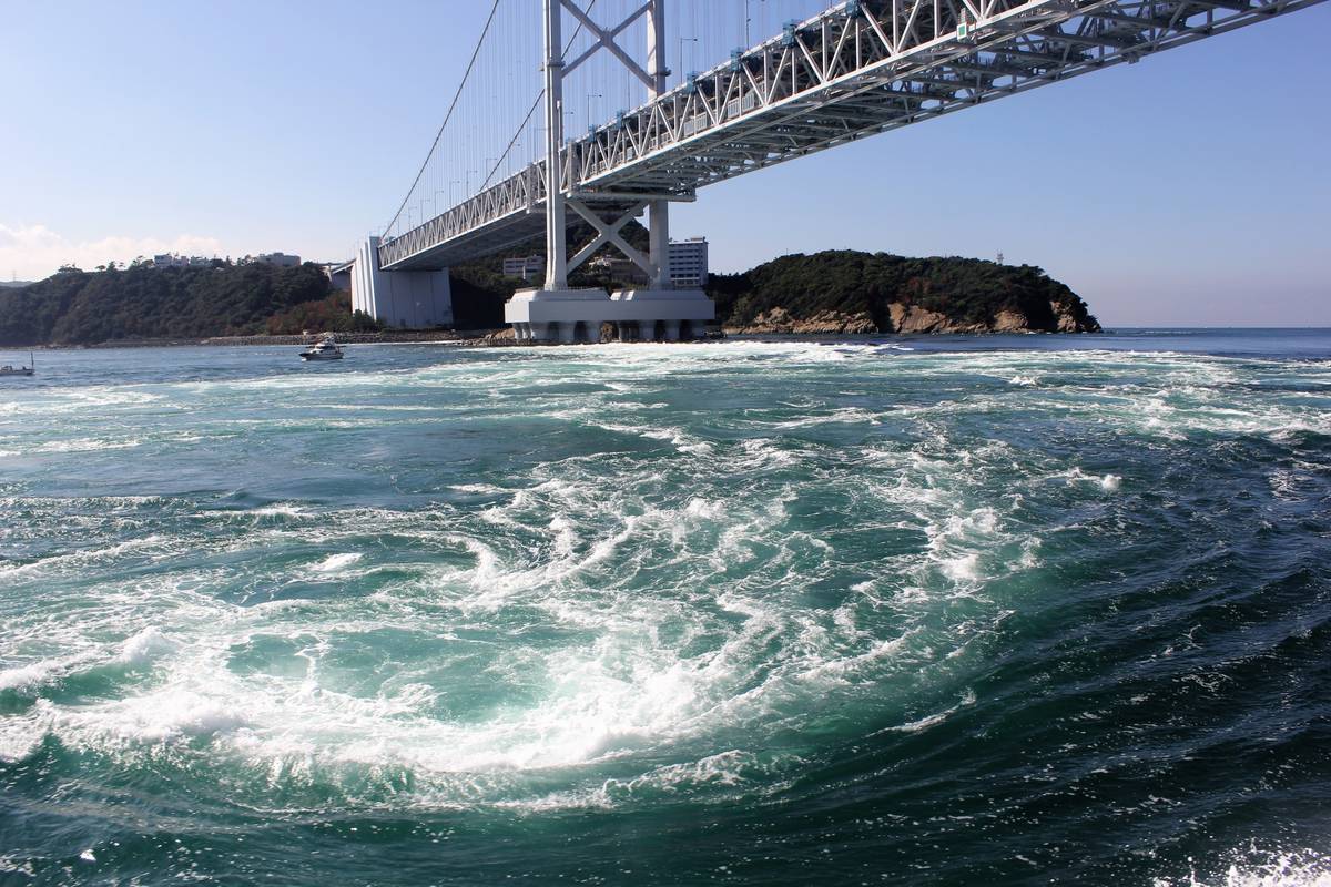 Turbulent swirling water with large whirlpools beneath a suspension bridge, with a forested island and clear sky.