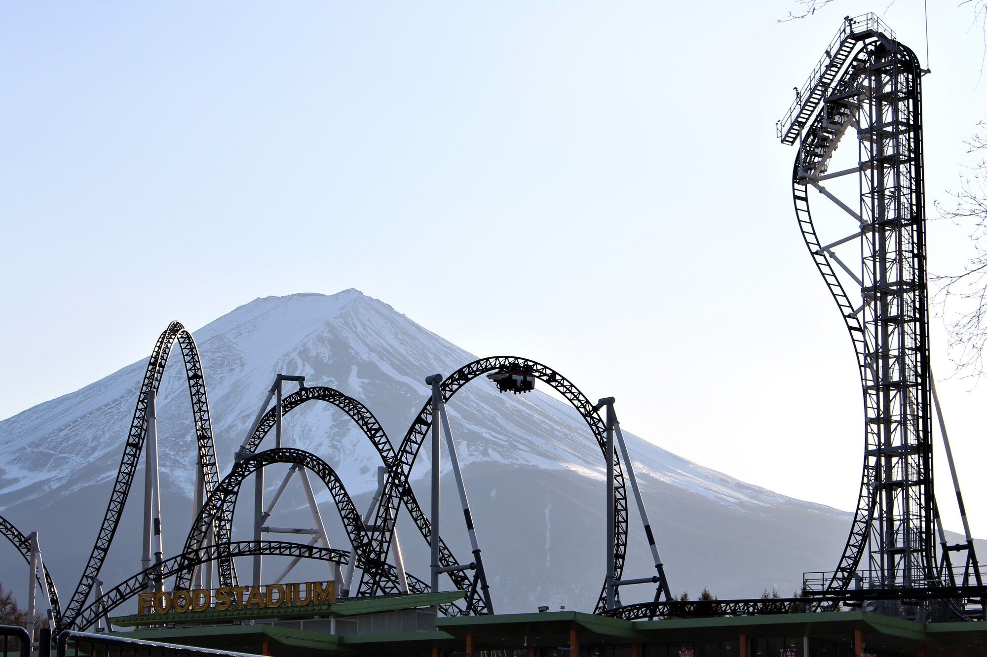 A large black rollercoaster with loops and a vertical drop tower against a backdrop of snow-capped Mount Fuji.