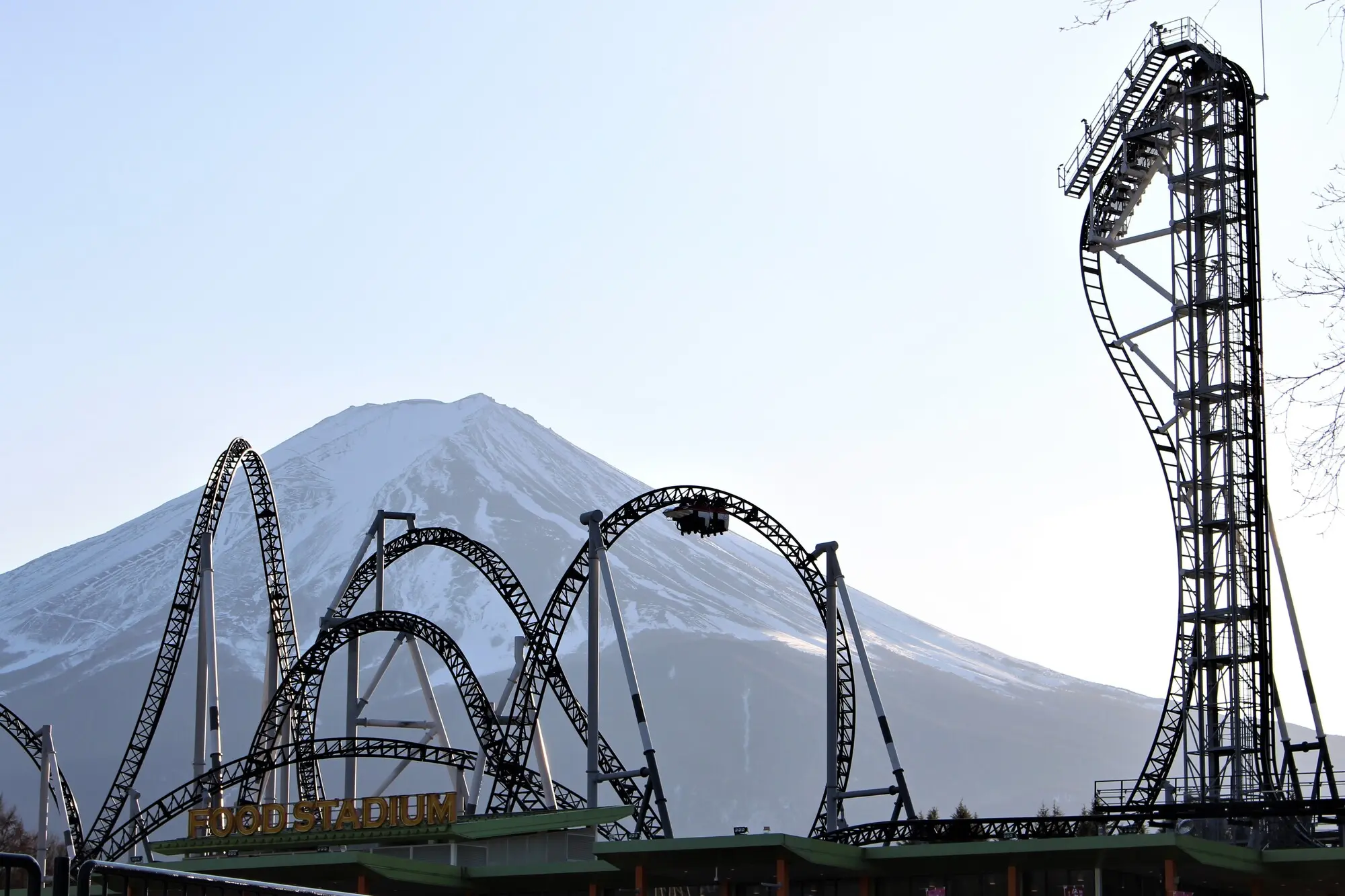 A large black rollercoaster with loops and a vertical drop tower against a backdrop of snow-capped Mount Fuji.