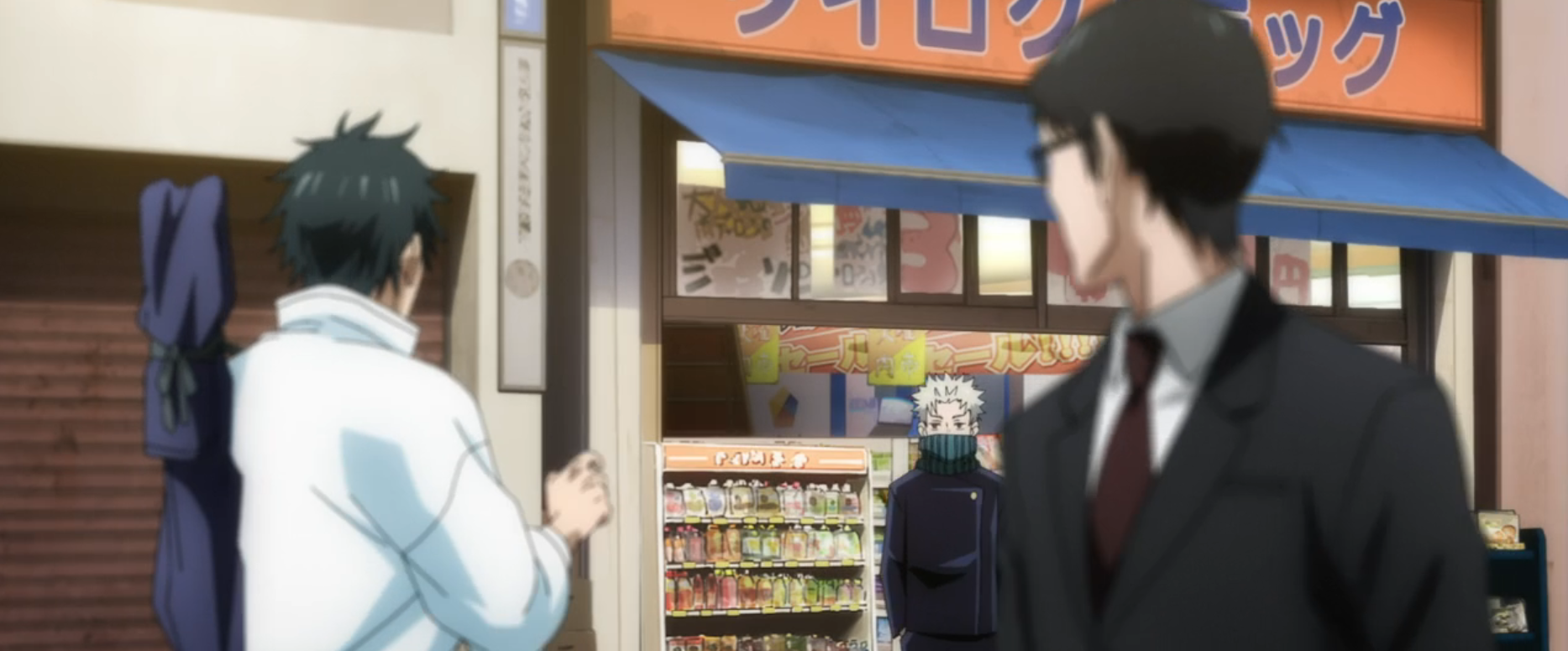 A white-haired man with a scarf over his mouth stands outside a Japanese convenience store