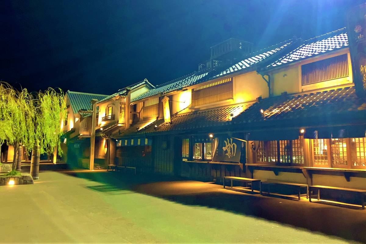 Traditional Japanese buildings and trees illuminated at night.