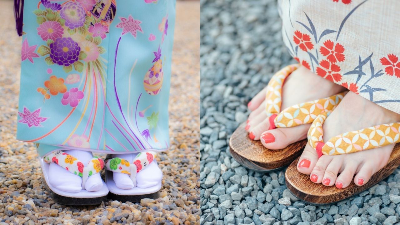 Two close-ups of traditional Japanese footwear and garments