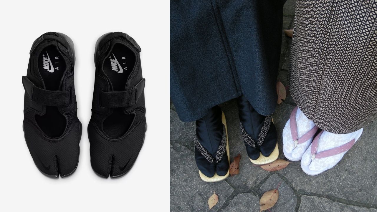 A pair of black Nike Air Rift split-toe shoes on the left, and two pairs of traditional Japanese tabi socks