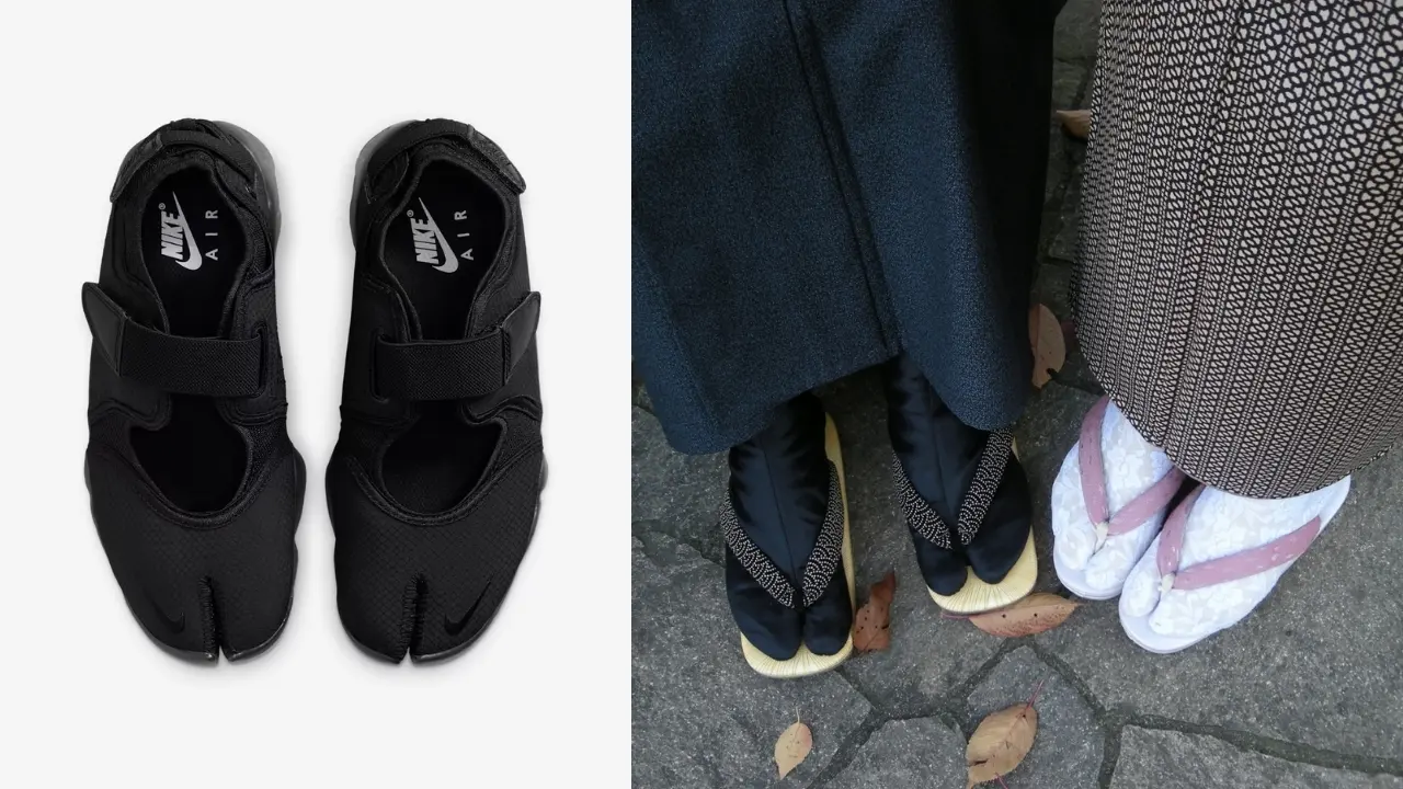 A pair of black Nike Air Rift split-toe shoes on the left, and two pairs of traditional Japanese tabi socks