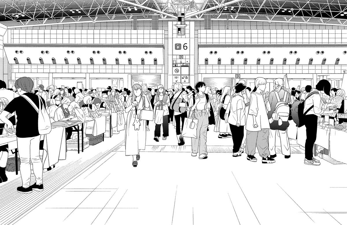 Manga art of a busy indoor convention hall with people browsing tables.