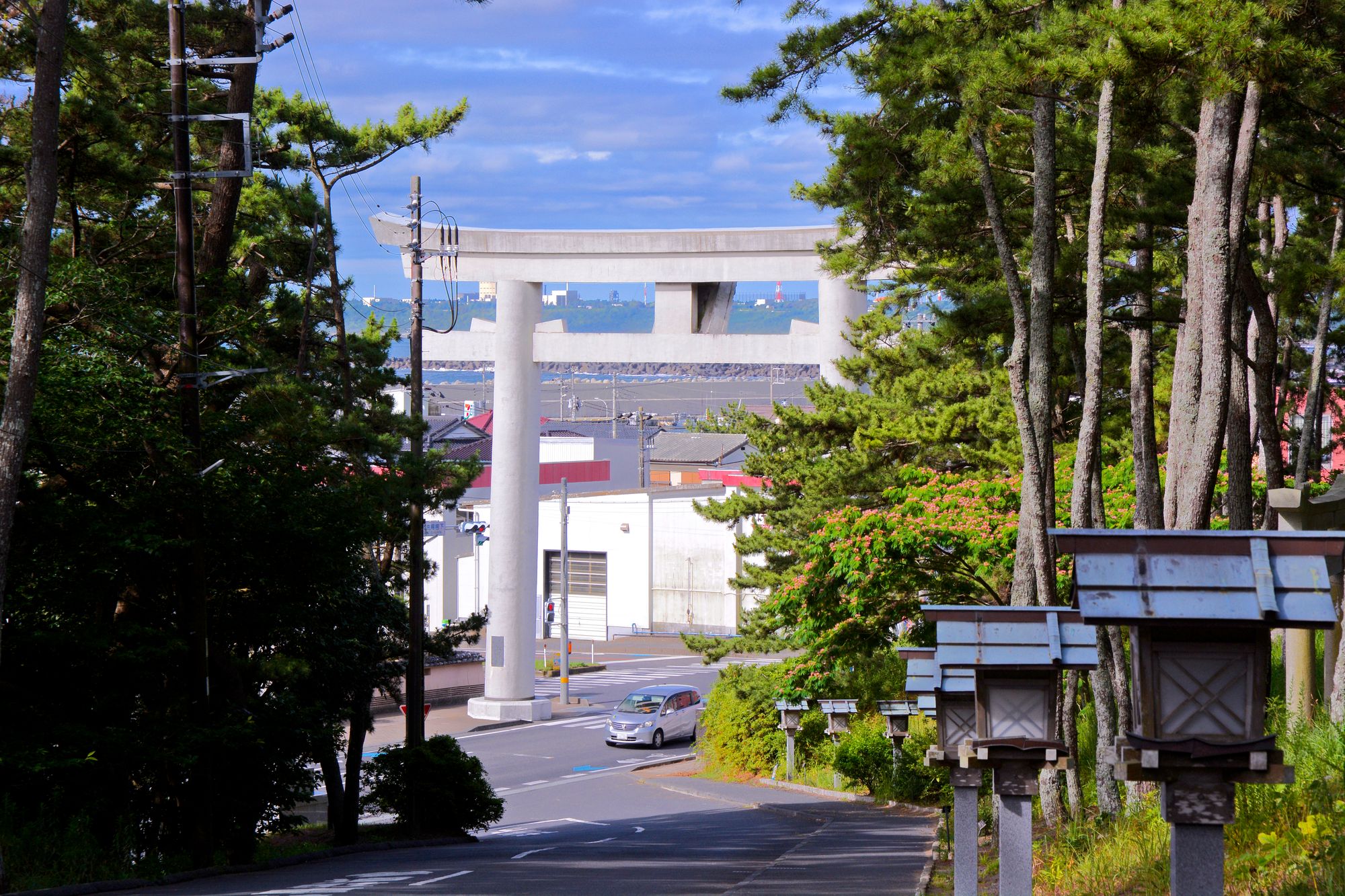 A large white torii gate framed by tall pine trees and a line of stone lanterns, with a white car on the road leading to it.