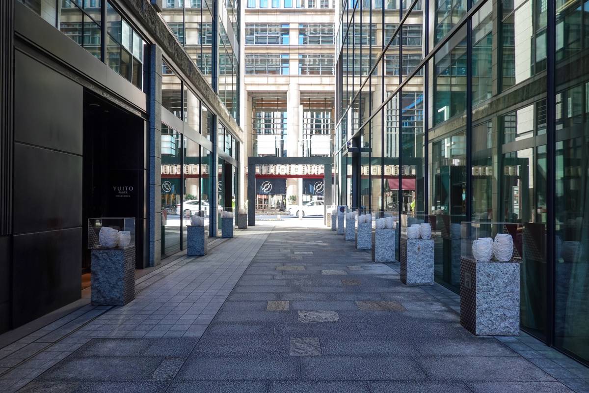 Modern outdoor walkway flanked by glass-fronted buildings with decorative pedestals.