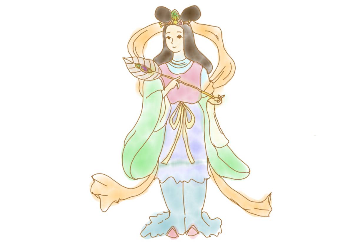 Watercolor illustration of a goddess in flowing pastel robes holding a peacock feather fan.