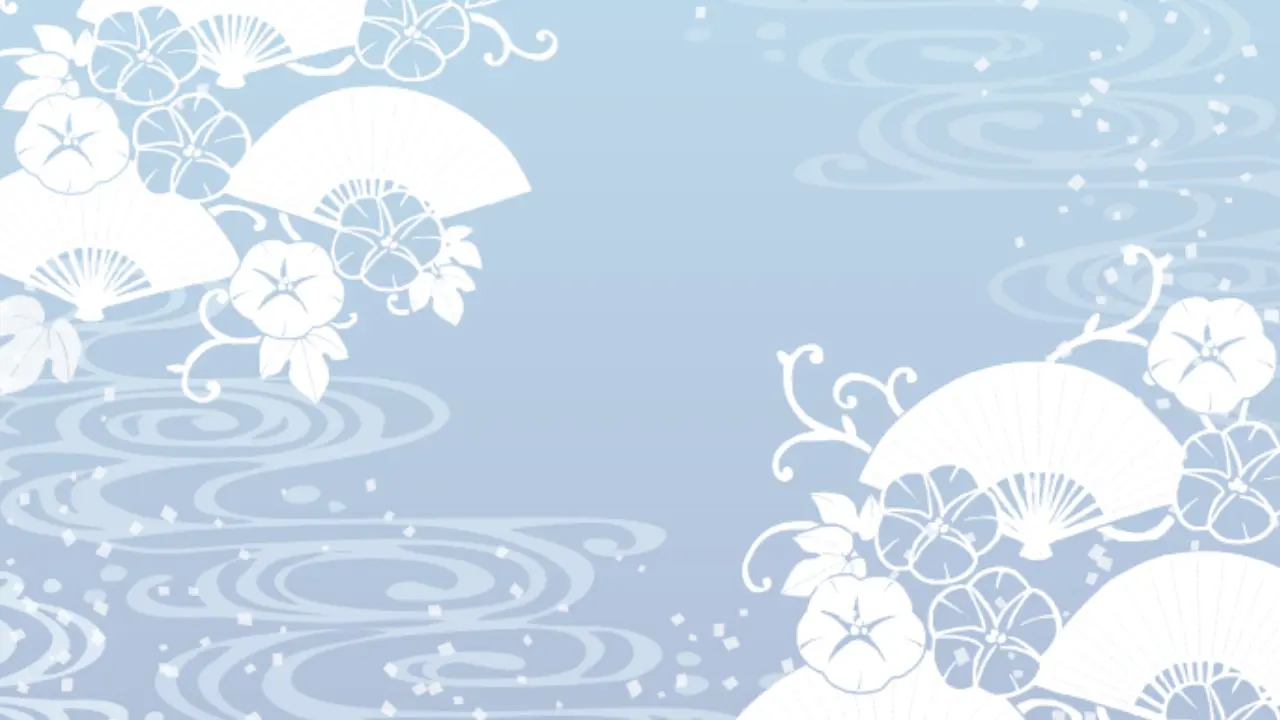 A light blue background with white Japanese fans, morning glories, and water ripples.