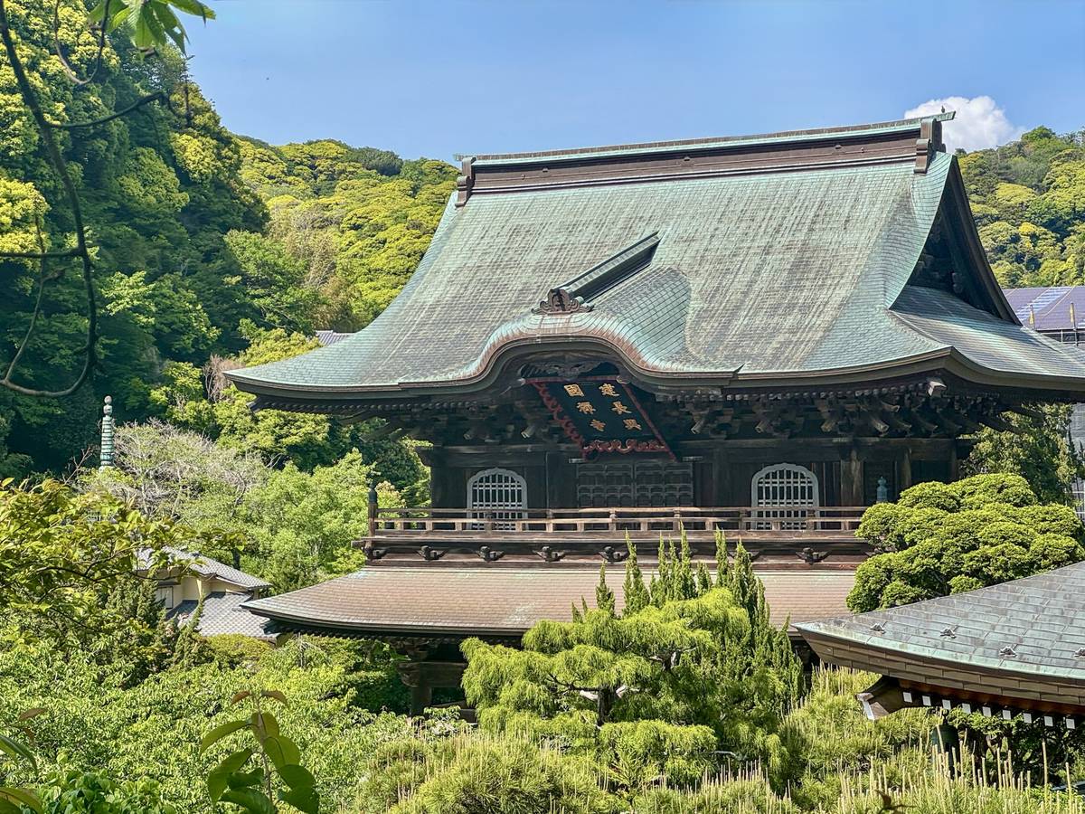 A traditional Japanese temple with a prominent green roof, nestled among lush green trees under a sunny sky.
