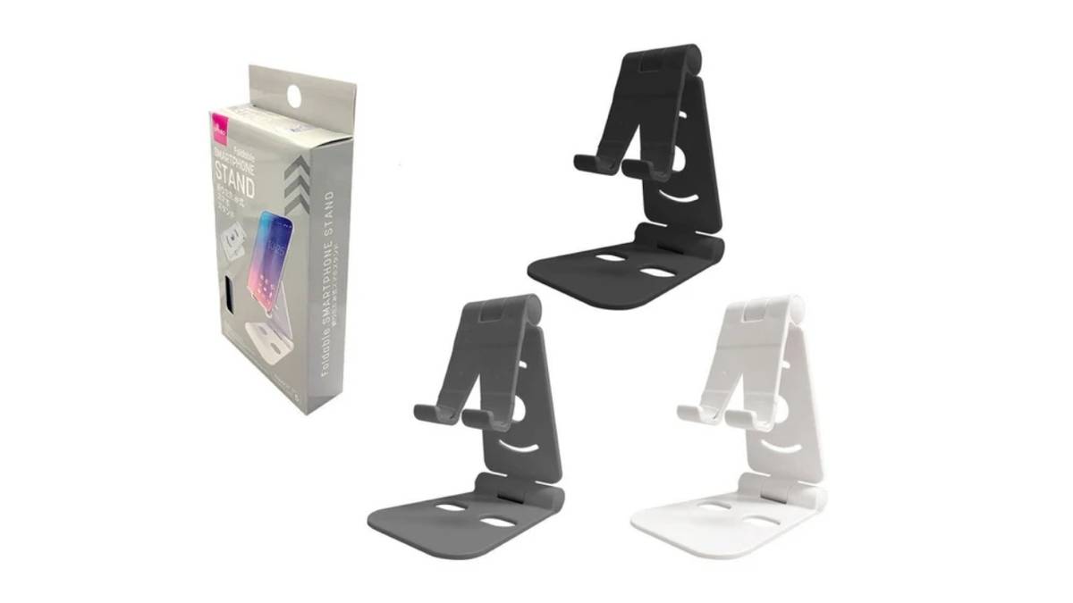 Black, grey, and white foldable smartphone stands with packaging.